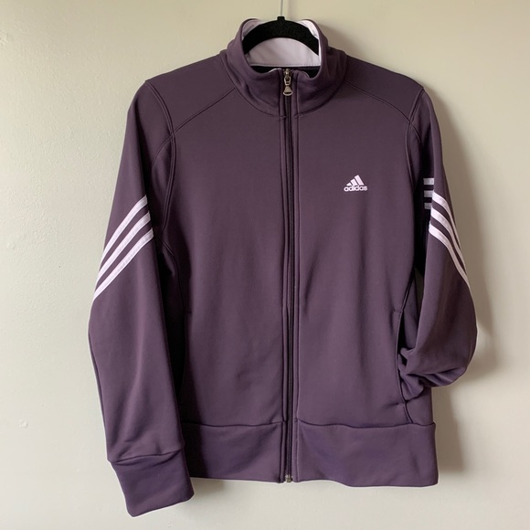 black adidas jacket with purple stripes